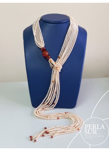 Collar Perla Color Natural 4mm y Cornalina