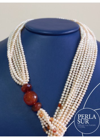 Collar Perla Color Natural 4mm y Cornalina
